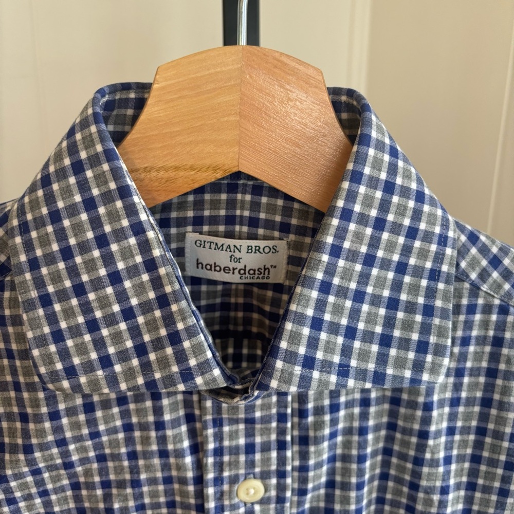 Gitman Bros Haberdash Men’s S Blue Gray Plaid Cutaway Collar Slim Dress Shirt